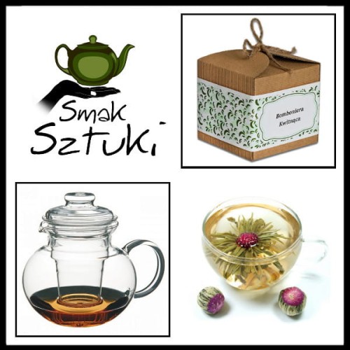 Przejdź do produktu Dzbanek szklany krótki dziobek z zaparzaczem i filiżanką + 10 herbat Bomboniera Kwitnąca